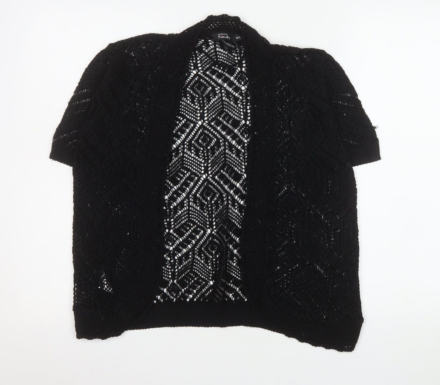 Fashion Friendly Women's Black Open Knit Short Sleeve Cardigan M/L