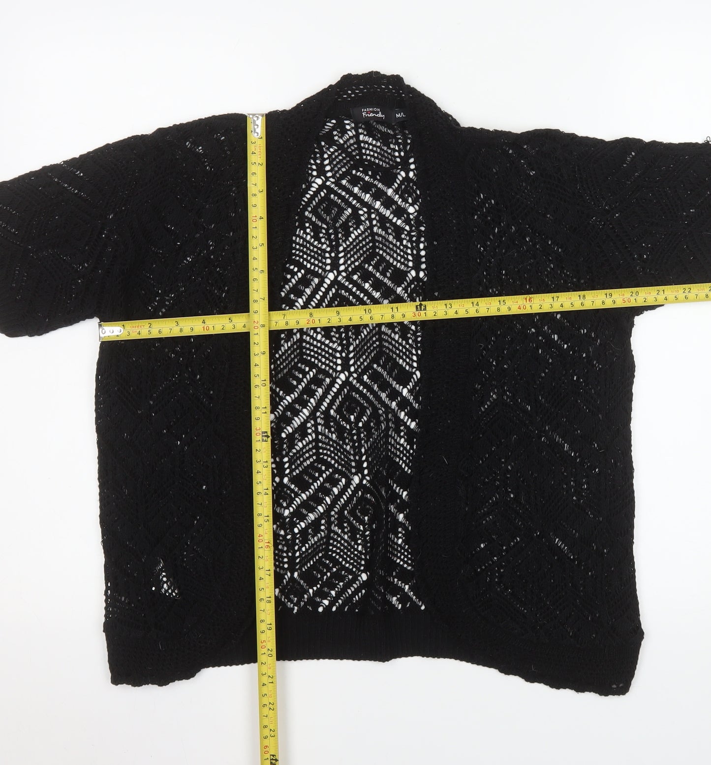 Fashion Friendly Women's Black Open Knit Short Sleeve Cardigan M/L
