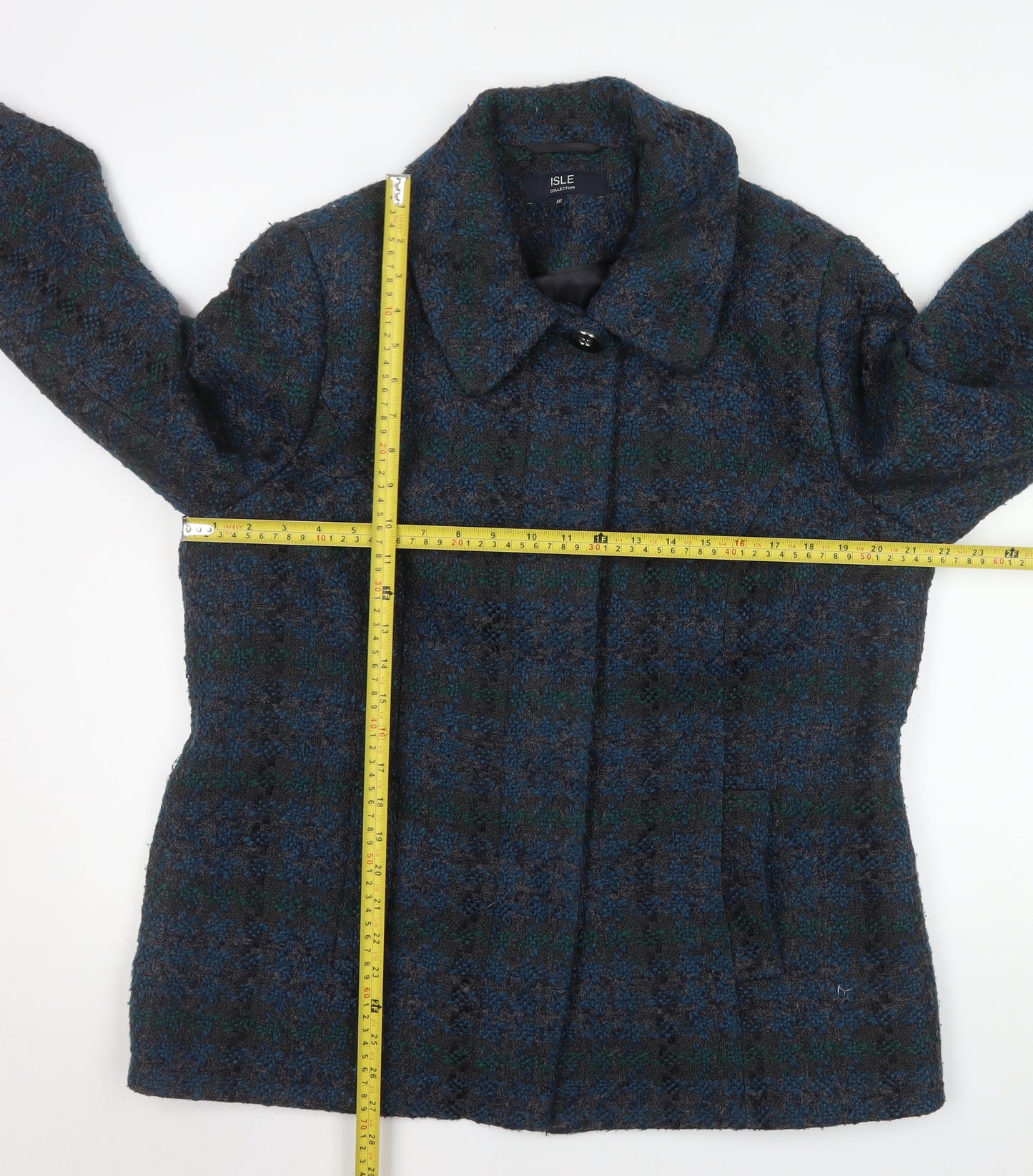 Isle Collection Women's Blue Check Wool-Blend Mid-Length Coat Size 16