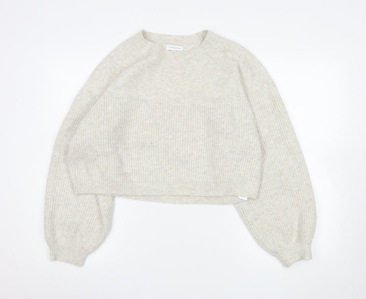 Topshop Women Beige Crew Neck Rib Knit Pullover Jumper Size S