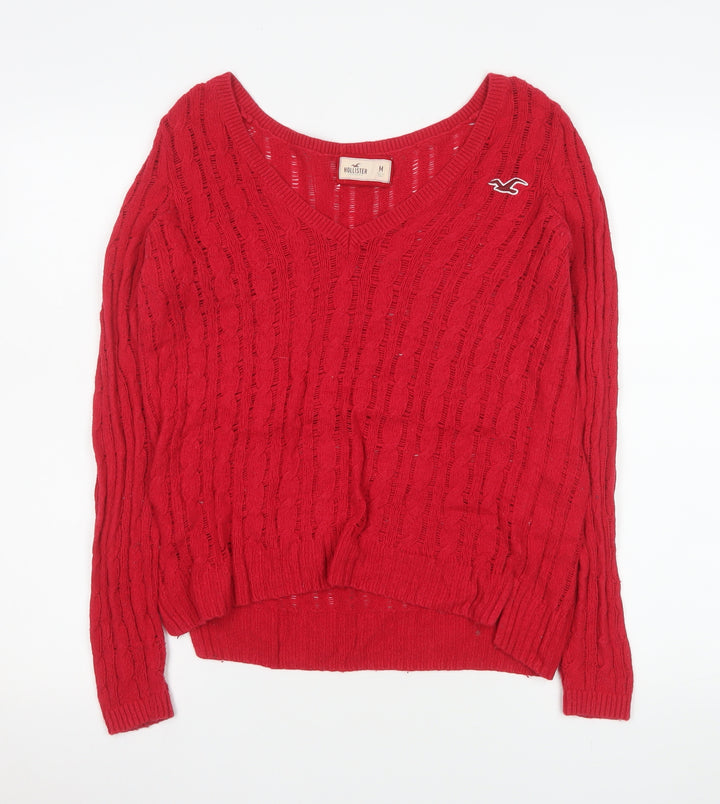 Hollister Women Red V-Neck Open-Knit Long Sleeve Jumper Size M