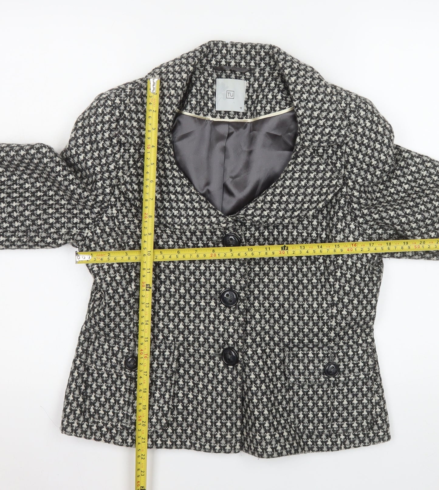TU Women Black & White Houndstooth Blazer Size 12 Wool Blend Lined Jacket