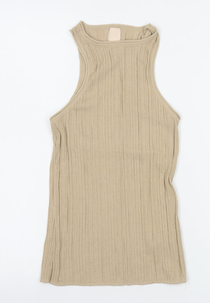 H&M Women’s Beige Ribbed Knit High Neck Sleeveless Tank Top Size S