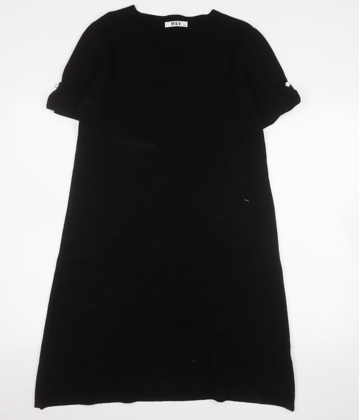 M&V Women Black L Knit Shift Dress V-Neck Short Sleeve