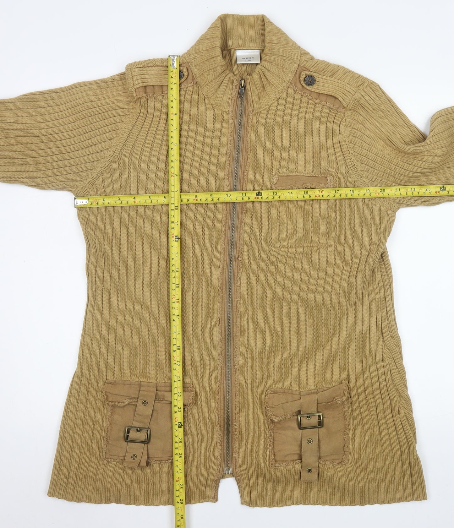 Next Men's Beige Ribbed Cotton Full Zip Jacket Size L