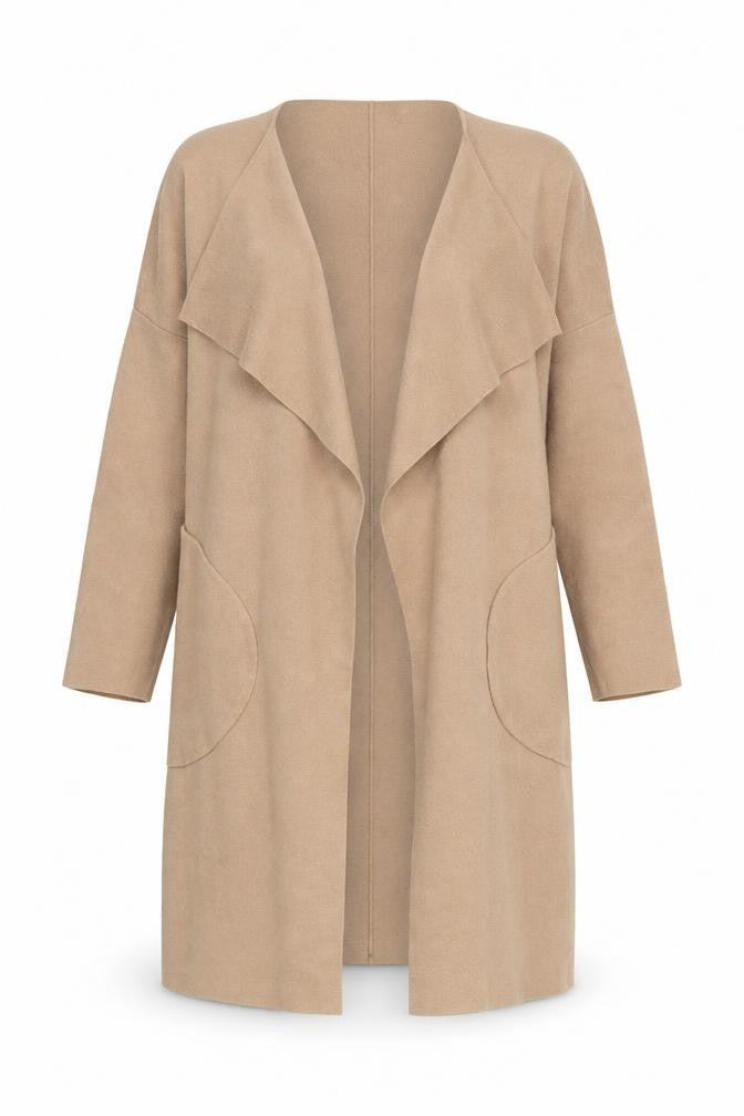 Front view of SNDYS. Women’s Beige Long Knit Coatigan S Lightweight Open Front