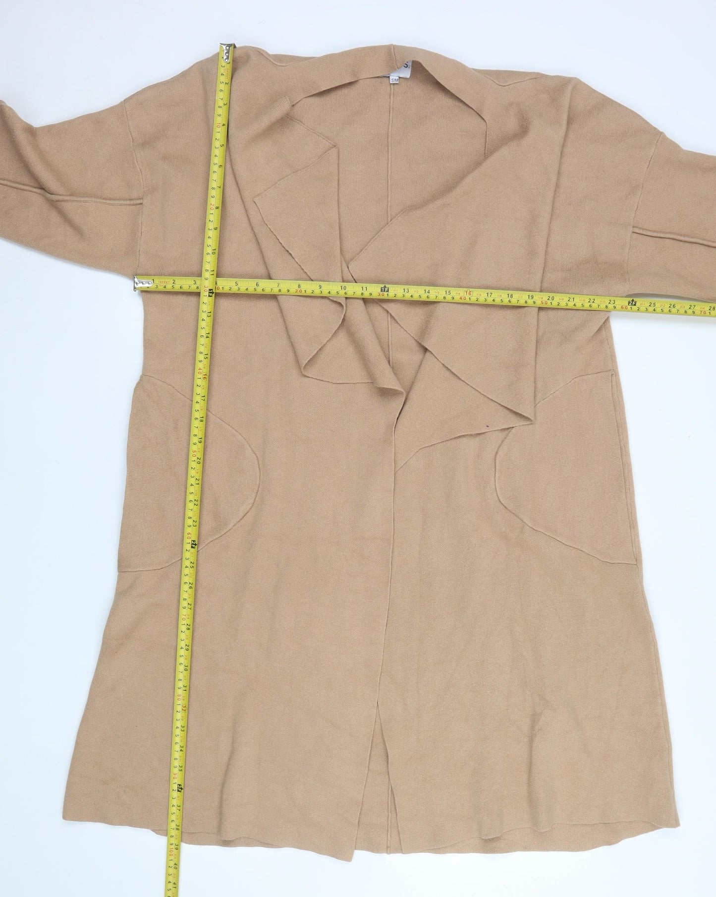 SNDYS. Women’s Beige Long Knit Coatigan S Lightweight Open Front