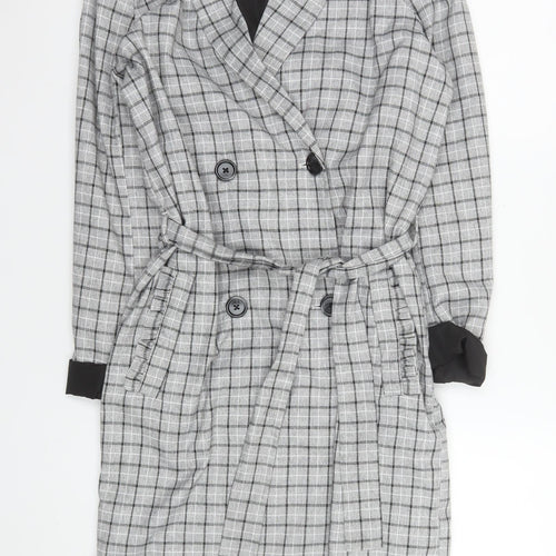 Kaffe Women Grey Check Belted Trench Coat Size 6