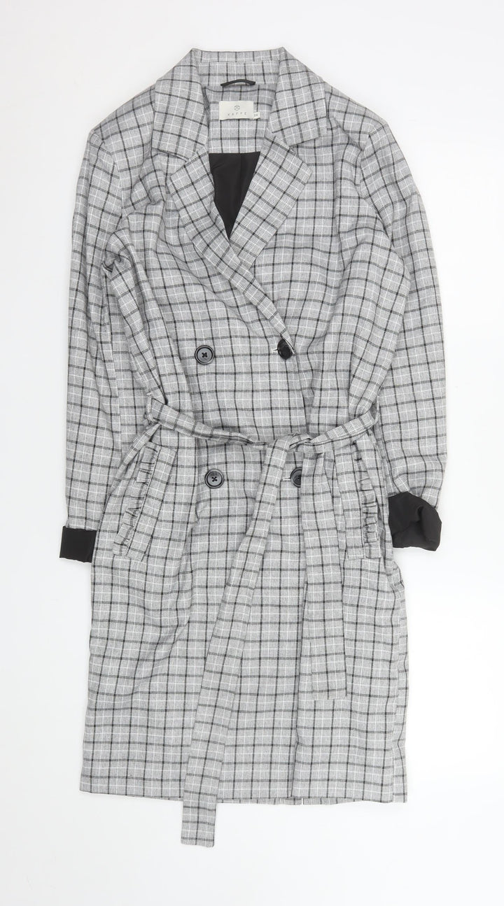 Kaffe Women Grey Check Belted Trench Coat Size 6