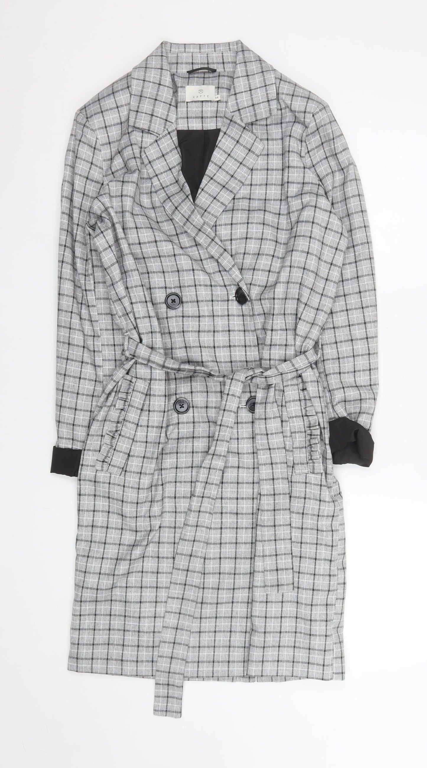 Kaffe Women Grey Check Belted Trench Coat Size 6