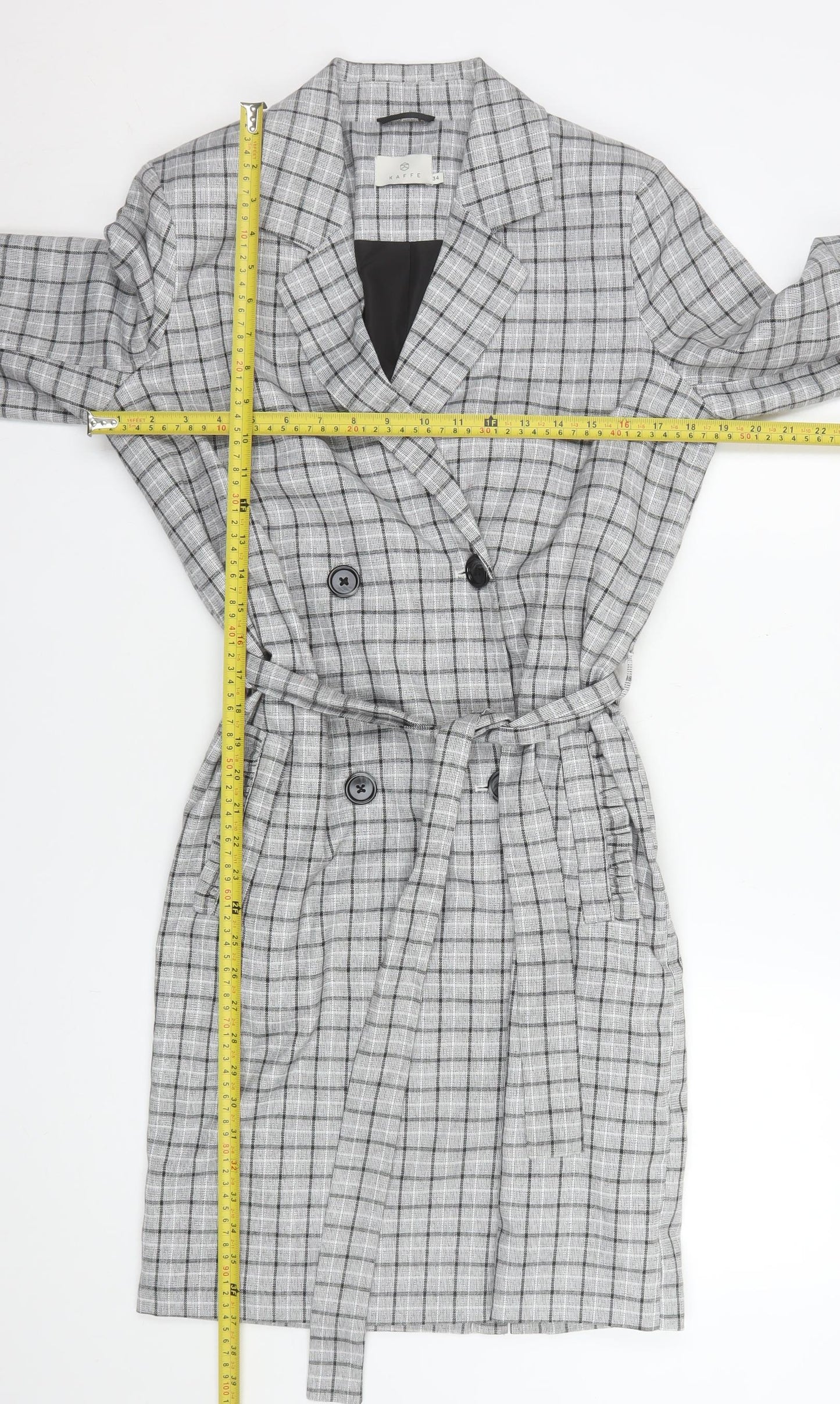 Kaffe Women Grey Check Belted Trench Coat Size 6