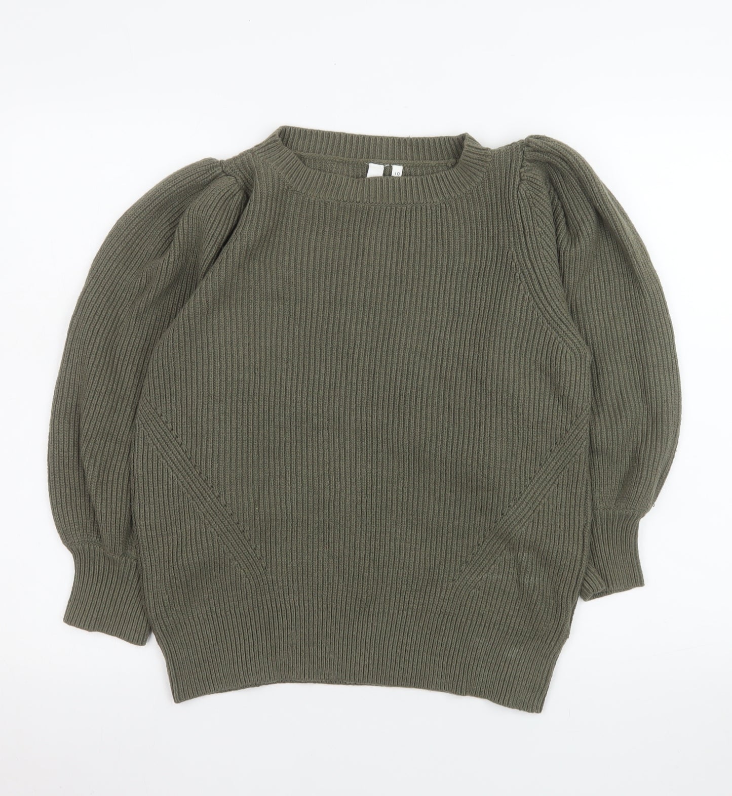 AND/OR Womens Green Puff Sleeve Ribbed Knit Jumper Size 10