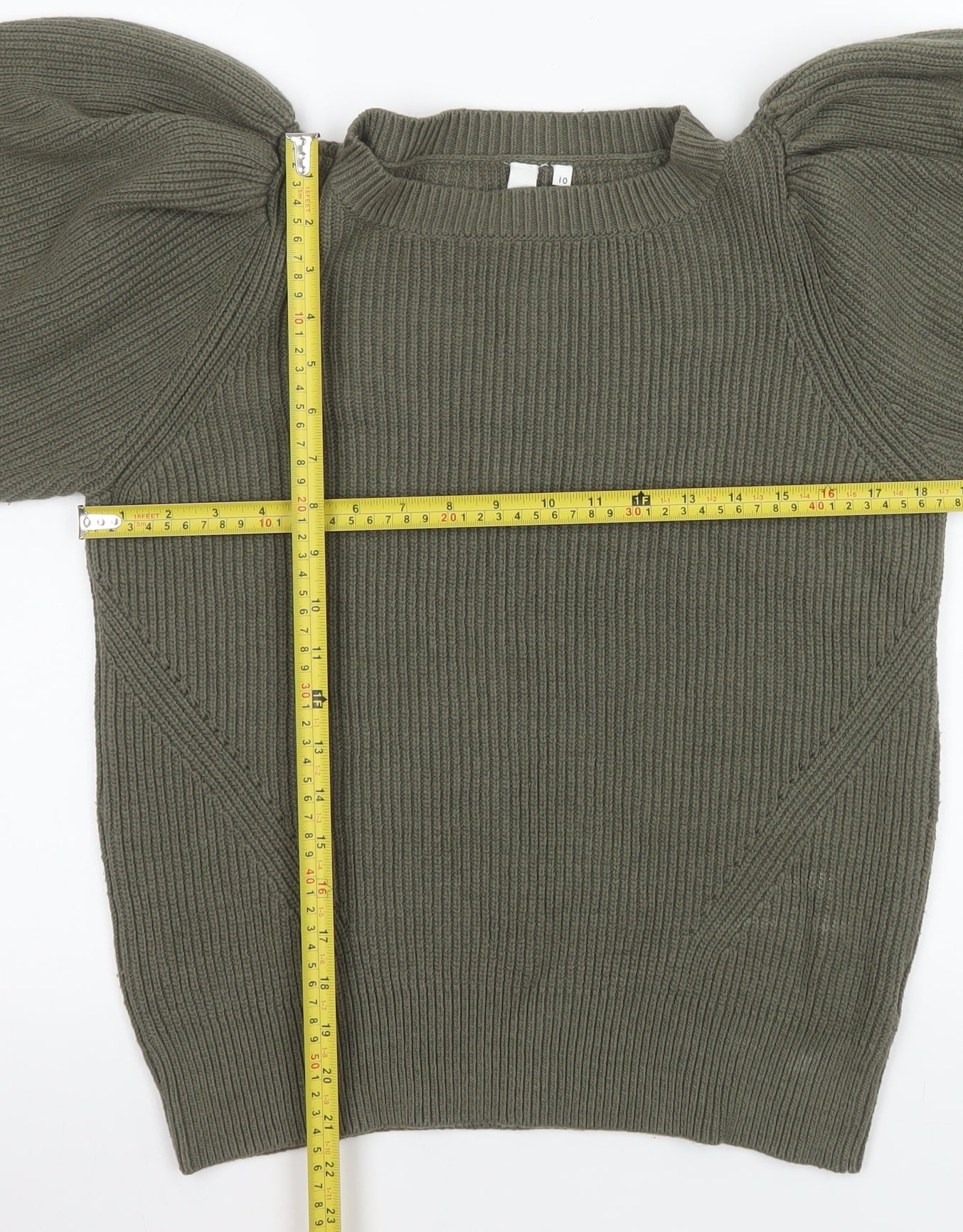 AND/OR Womens Green Puff Sleeve Ribbed Knit Jumper Size 10