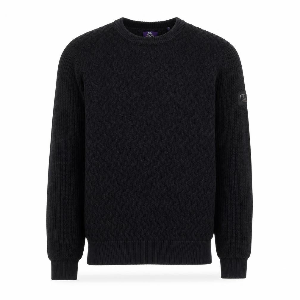 Front view of Luke Men’s Black XL Cable Knit Cotton Crew Neck Jumper