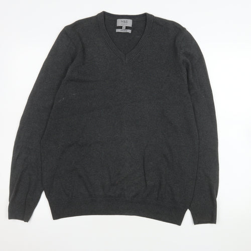 Marks and Spencer Men's Grey Cotton V-Neck Jumper M