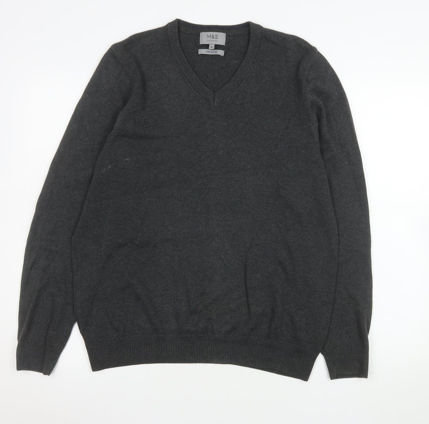 Marks and Spencer Men's Grey Cotton V-Neck Jumper M