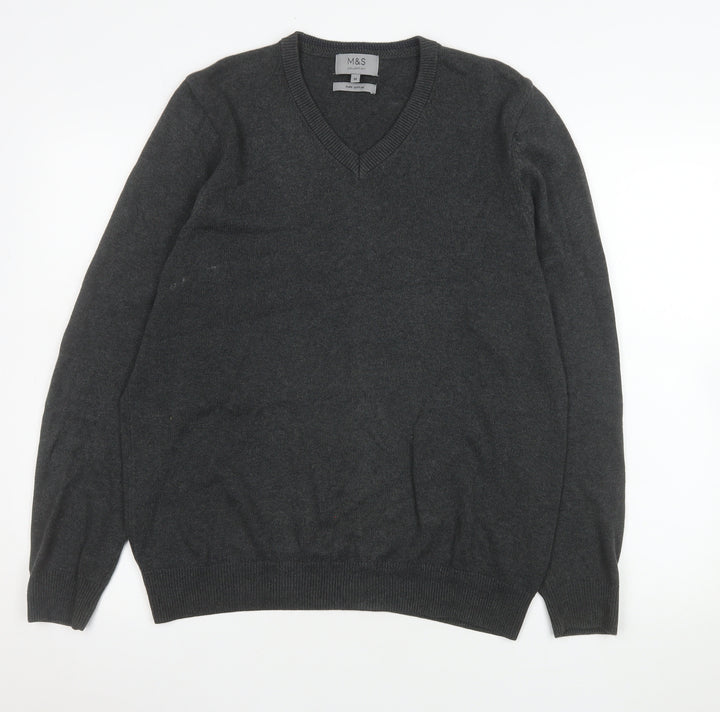 Marks and Spencer Men's Grey Cotton V-Neck Jumper M