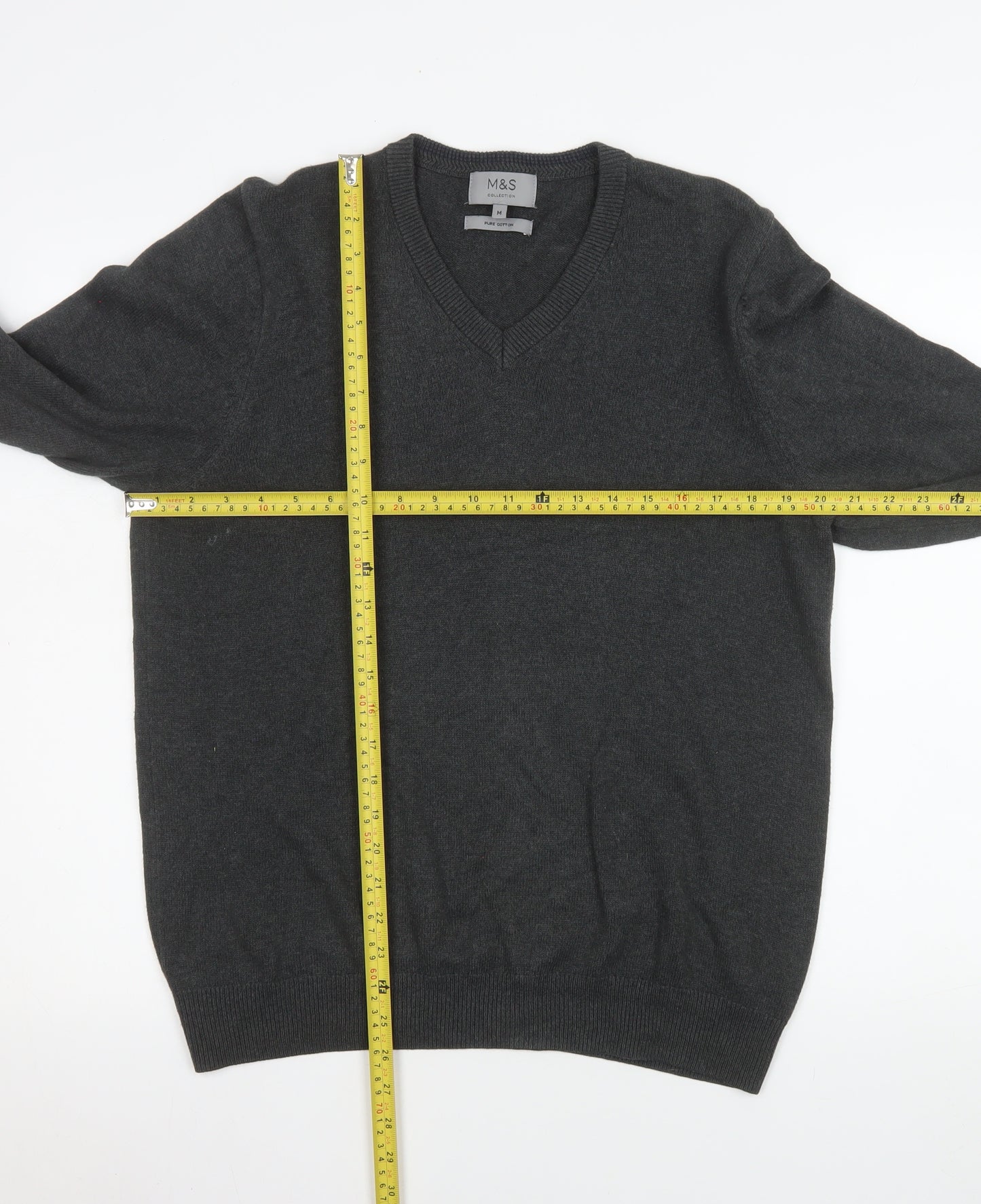 Marks and Spencer Men's Grey Cotton V-Neck Jumper M