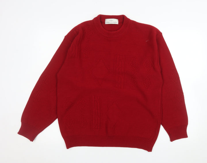 Marks and Spencer Men’s Red Acrylic Geometric Pullover Jumper Medium