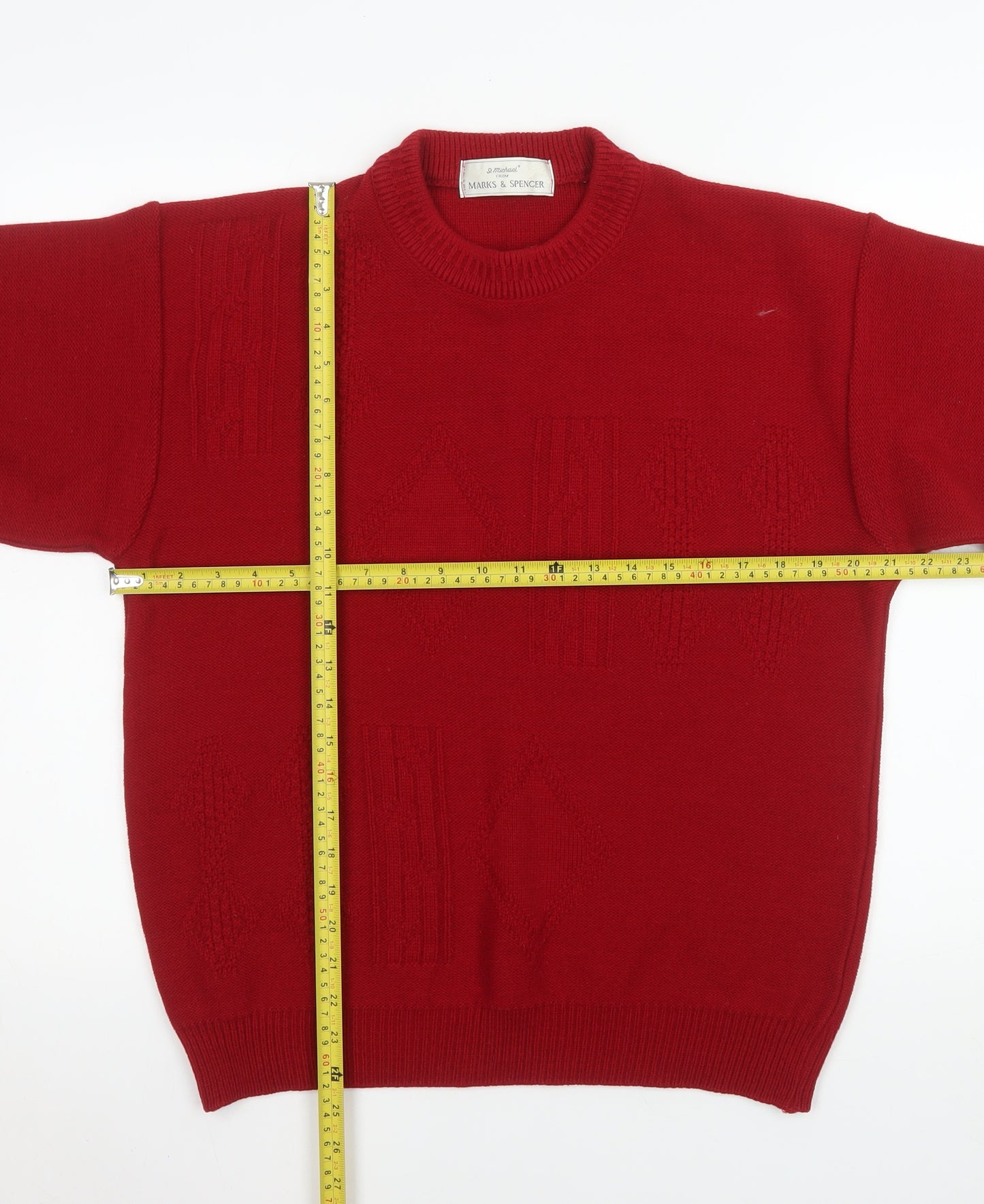Marks and Spencer Men’s Red Acrylic Geometric Pullover Jumper Medium