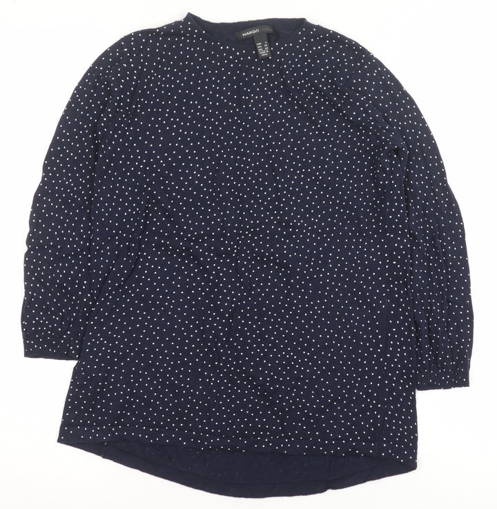 Mango Women Blue Polka Dot Cotton Crew Neck Jumper Size S