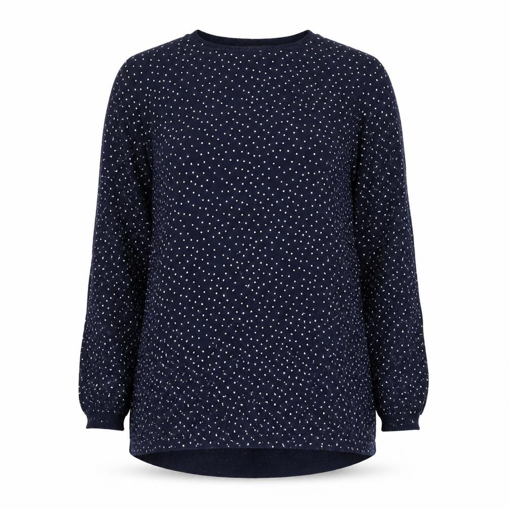 Front view of Mango Women Blue Polka Dot Cotton Crew Neck Jumper, size S