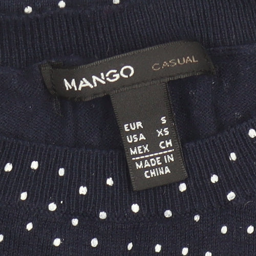 Mango Women Blue Polka Dot Cotton Crew Neck Jumper Size S