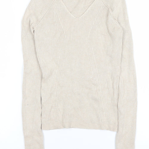 Primark Women Beige V-Neck Ribbed Knit Long Sleeve Top Size S