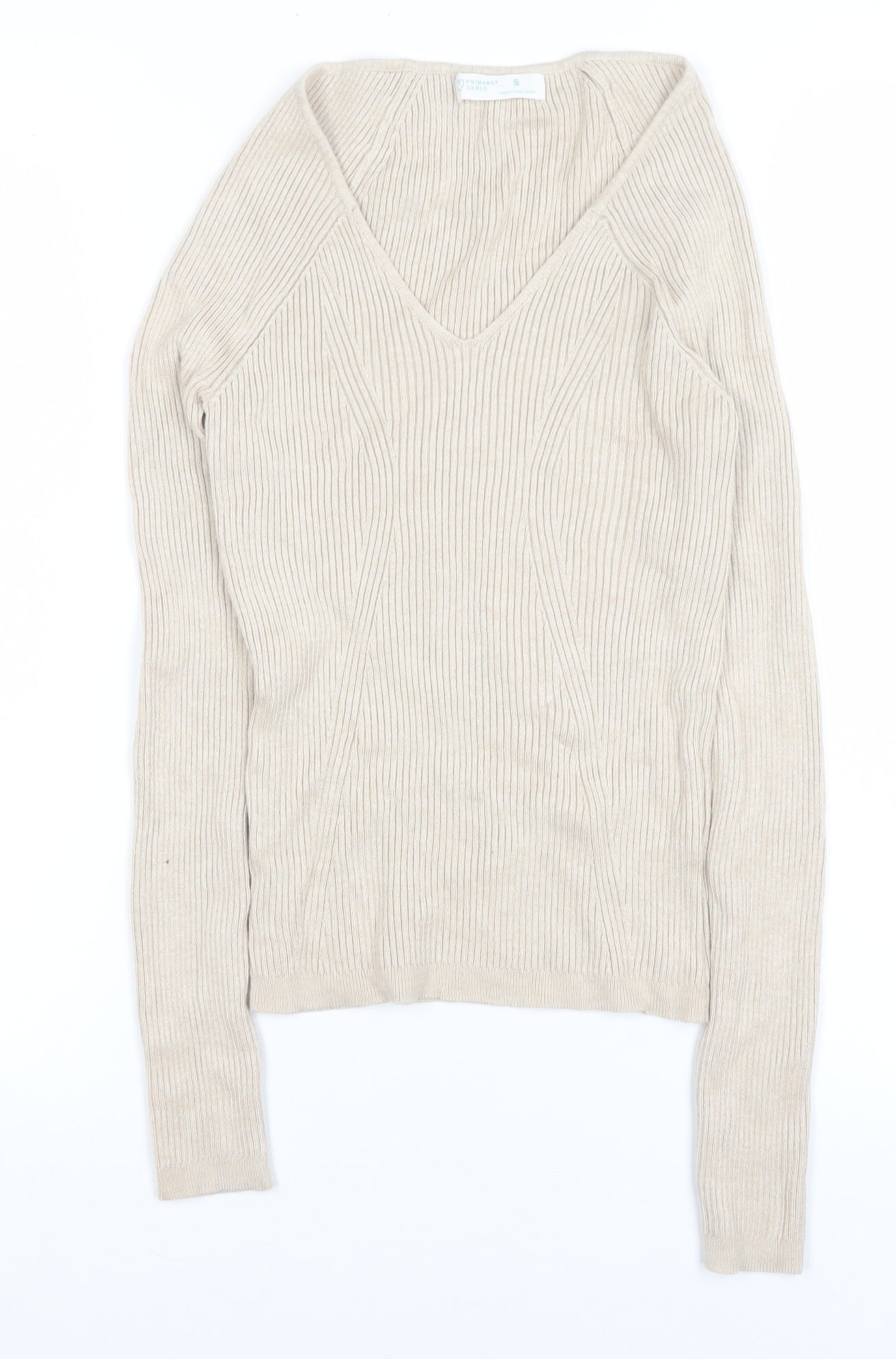 Primark Women Beige V-Neck Ribbed Knit Long Sleeve Top Size S