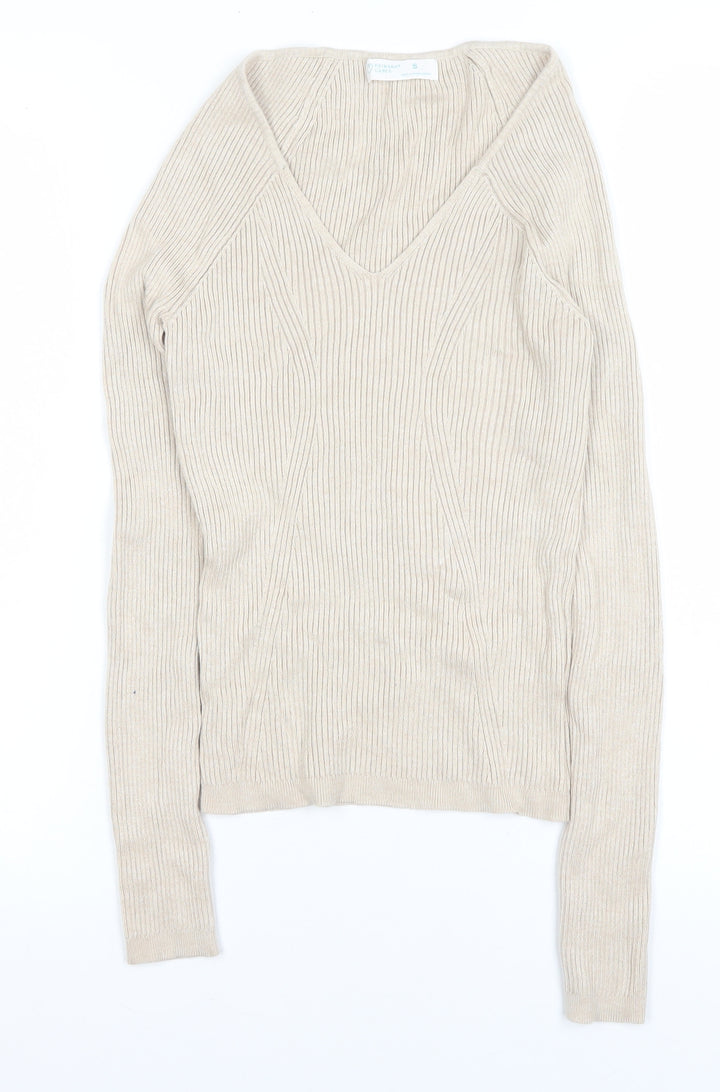 Primark Women Beige V-Neck Ribbed Knit Long Sleeve Top Size S