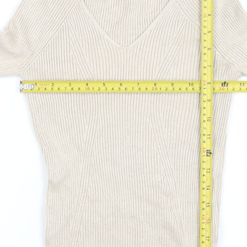 Primark Women Beige V-Neck Ribbed Knit Long Sleeve Top Size S