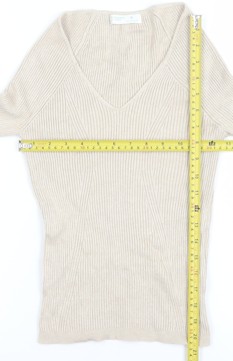 Primark Women Beige V-Neck Ribbed Knit Long Sleeve Top Size S