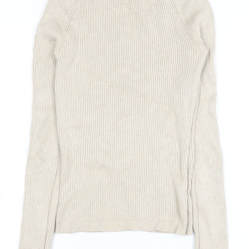 Primark Women Beige V-Neck Ribbed Knit Long Sleeve Top Size S
