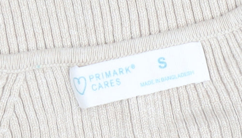 Primark Women Beige V-Neck Ribbed Knit Long Sleeve Top Size S