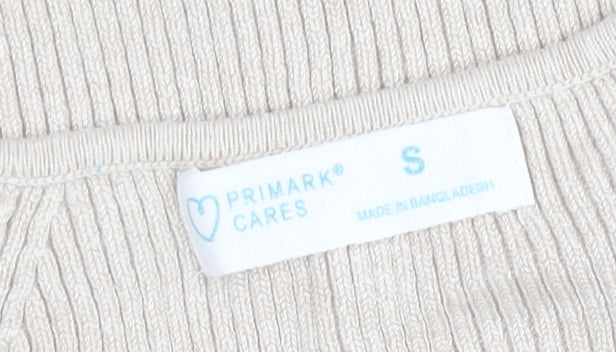 Primark Women Beige V-Neck Ribbed Knit Long Sleeve Top Size S