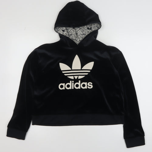 Adidas Girls Black Velvet Pullover Hoodie 13-14 Years Logo Hooded Sweatshirt