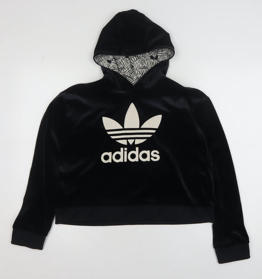 Adidas Girls Black Velvet Pullover Hoodie 13-14 Years Logo Hooded Sweatshirt