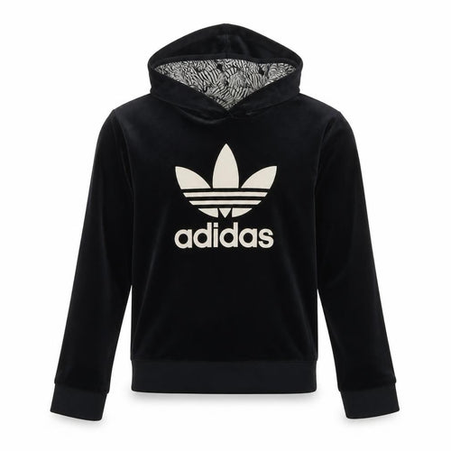 Adidas Girls Black Velvet Pullover Hoodie 13-14 Years Logo Hooded Sweatshirt