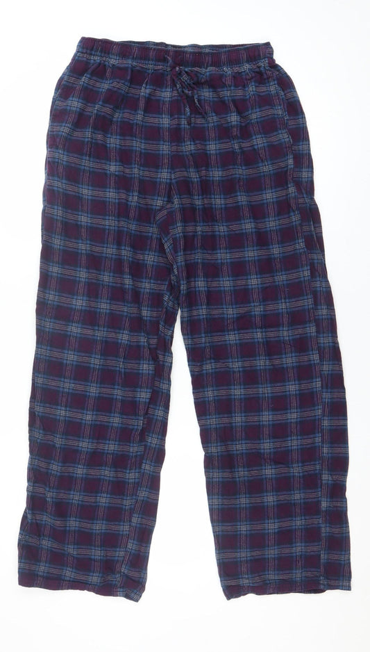 Marks and Spencer Men's Blue Check Cotton Pyjama Pants Small