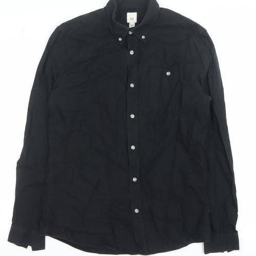 River Island Men's Black Cotton Button-Up Long Sleeve Shirt Size M