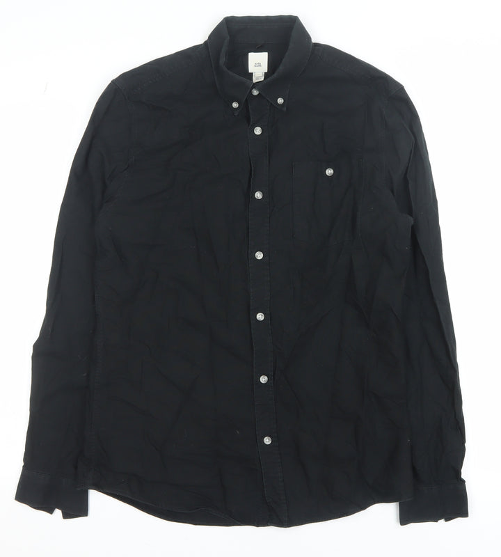 River Island Men's Black Cotton Button-Up Long Sleeve Shirt Size M