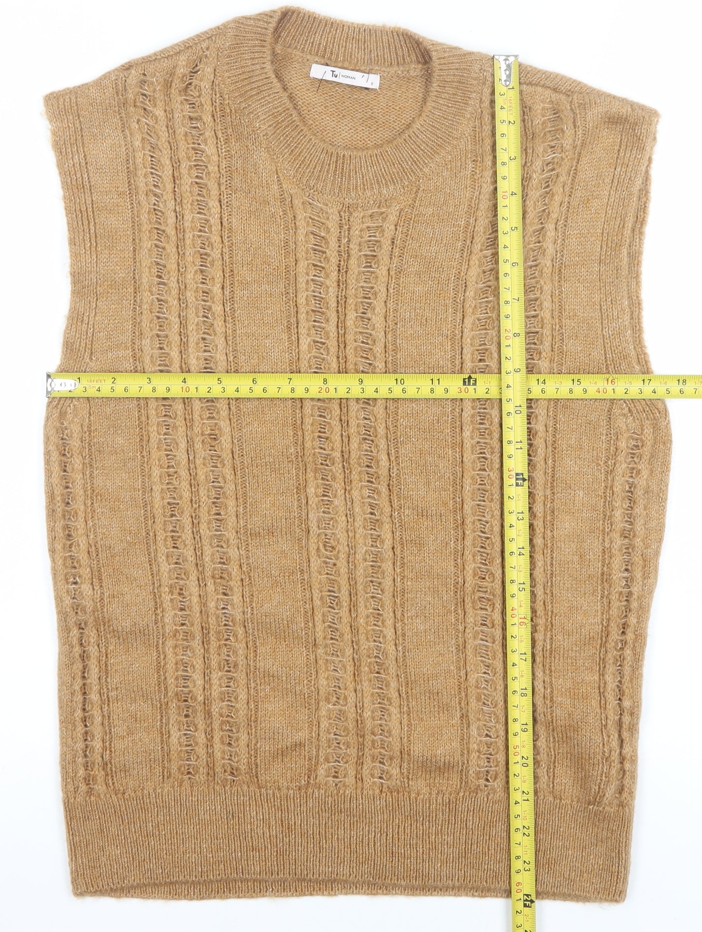 Tu Woman Beige Cable-Knit Sleeveless Vest Jumper Size 8