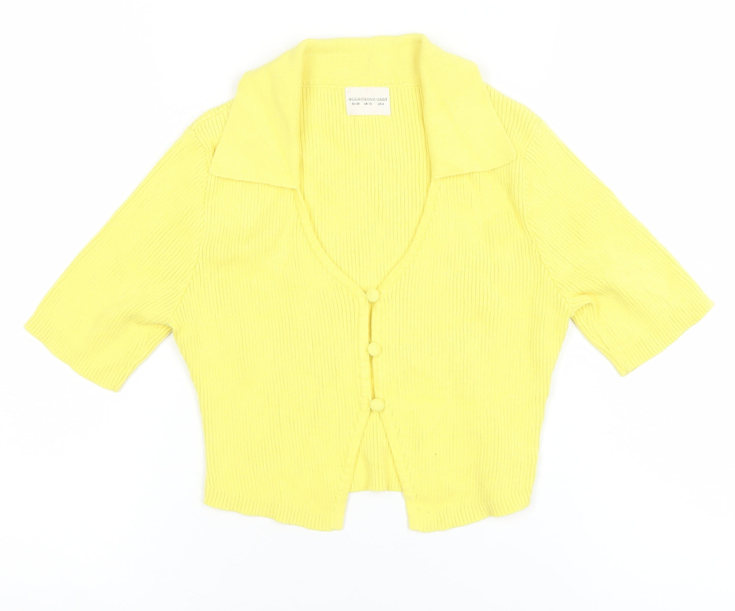 Glamorous Care Women's Yellow Cropped Button-Up Knit Top UK 10