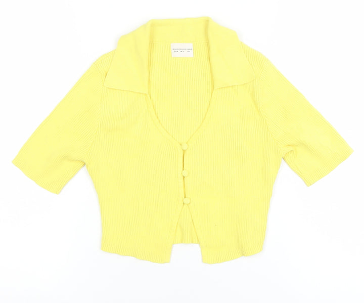 Glamorous Care Women's Yellow Cropped Button-Up Knit Top UK 10