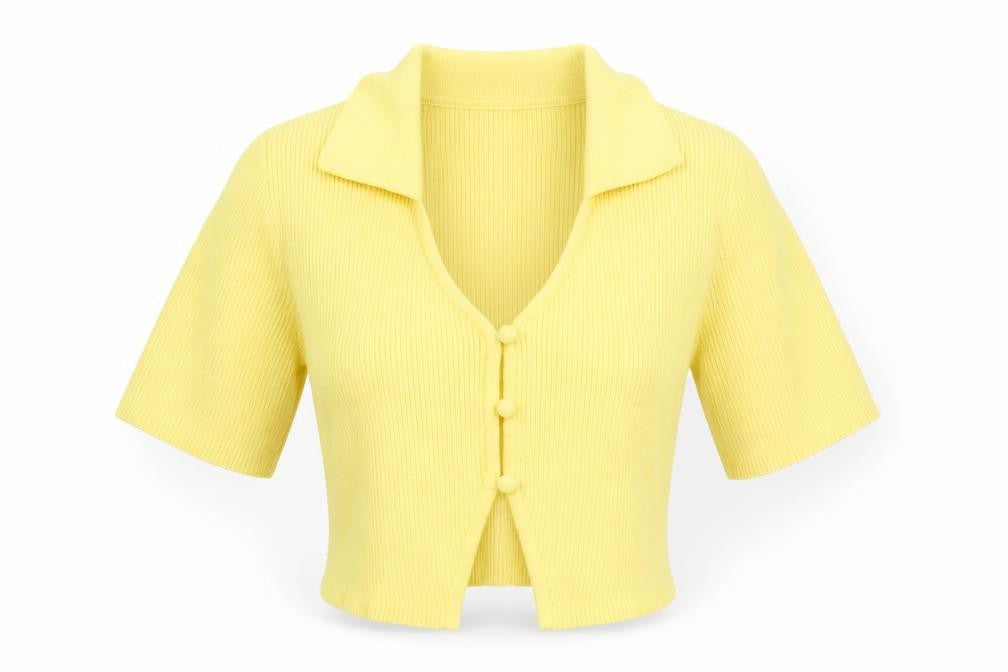 Front view of Glamorous Care Women's Yellow Cropped Button-Up Knit Top UK 10