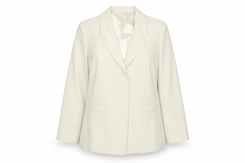 Front view of Damart women’s ivory single-breasted blazer, size UK 14, polyester jacket