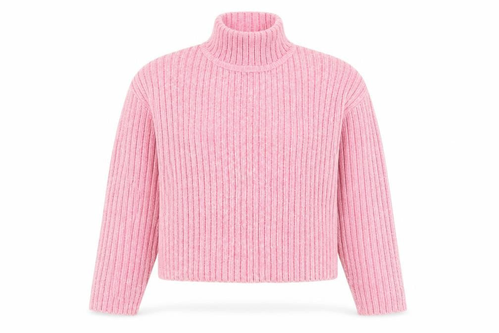 Front view of Pep&Co Women’s Pink Mock Neck Ribbed jumper, size S, 8-10