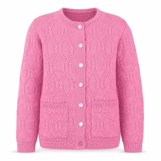 Front view of Beaumonde girls’ pink cable knit button cardigan 10-12 years polyester blend