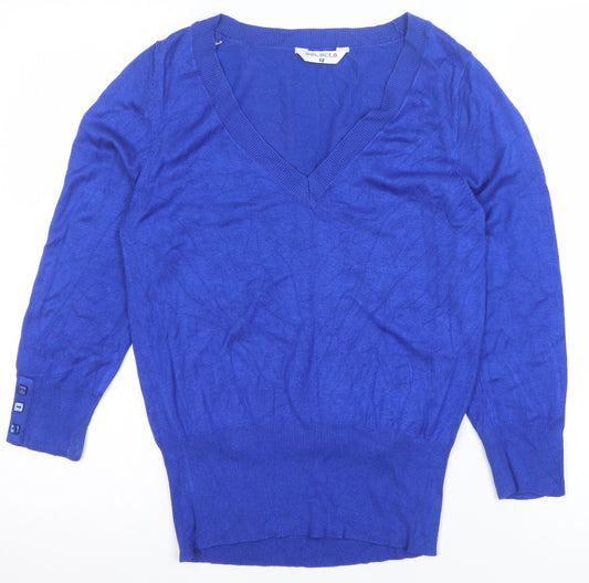Select Women's Blue V-Neck 3/4 Sleeve Pullover Jumper Size 12