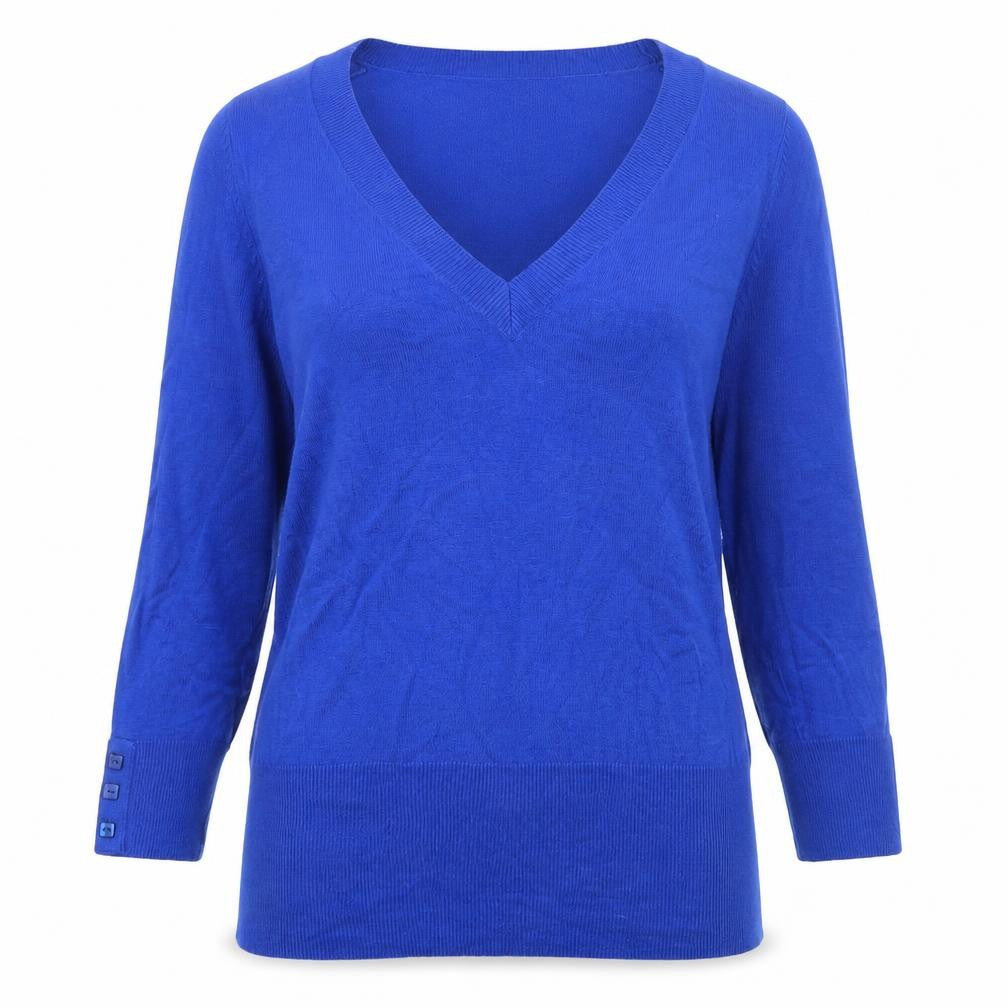 Front view of Select Women's Blue V-Neck 3/4 Sleeve jumper, size 12